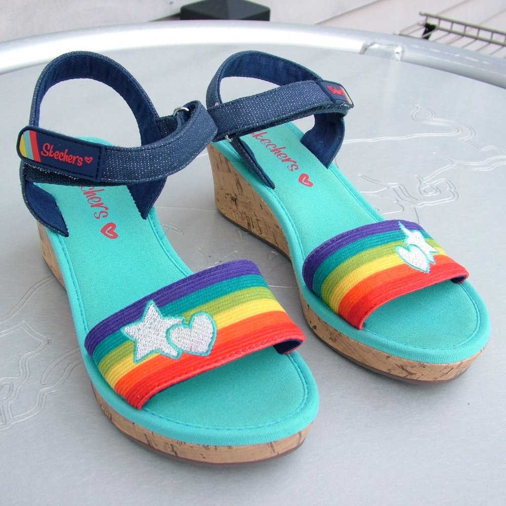 SKECHERS GIRLS RAINBOW SLIP ON WEDGE HEEL CLOTH SANDALS BIG KIDS SIZE 3